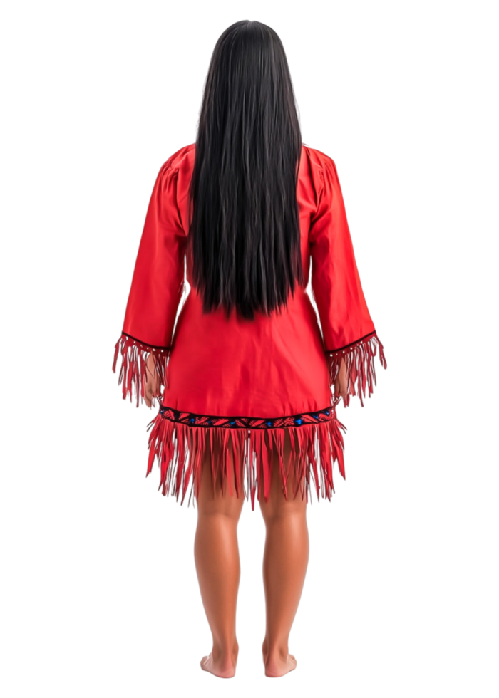 Native American woman in traditional red dress with fringe details png