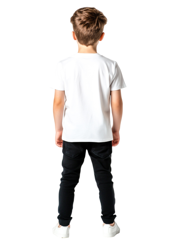 Young Boy in White T-Shirt and Black Jeans Standing Facing Back png