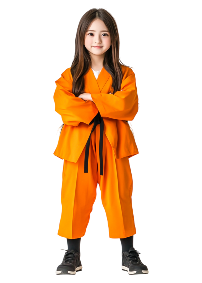 Young Girl in Bright Orange Martial Arts Uniform Standing Confidently png