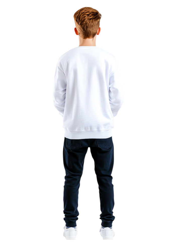 Young Man in White Sweatshirt and Dark Pants Standing with Back View png