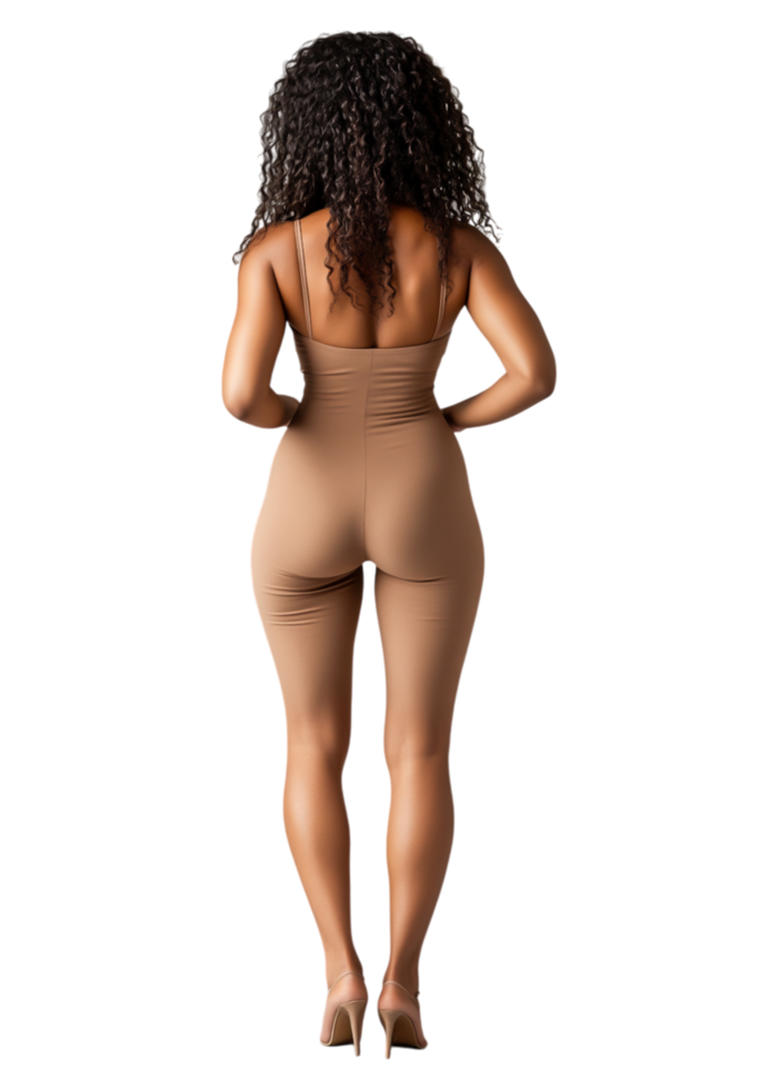 Elegant Woman in Bodysuit Posing from Back with Curly Hair png