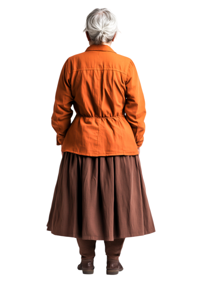 Elderly Woman in Orange Jacket and Brown Skirt from the Back View png