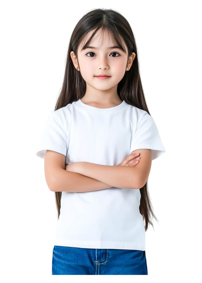 Young girl in white shirt, arms crossed, looking confident and poised png