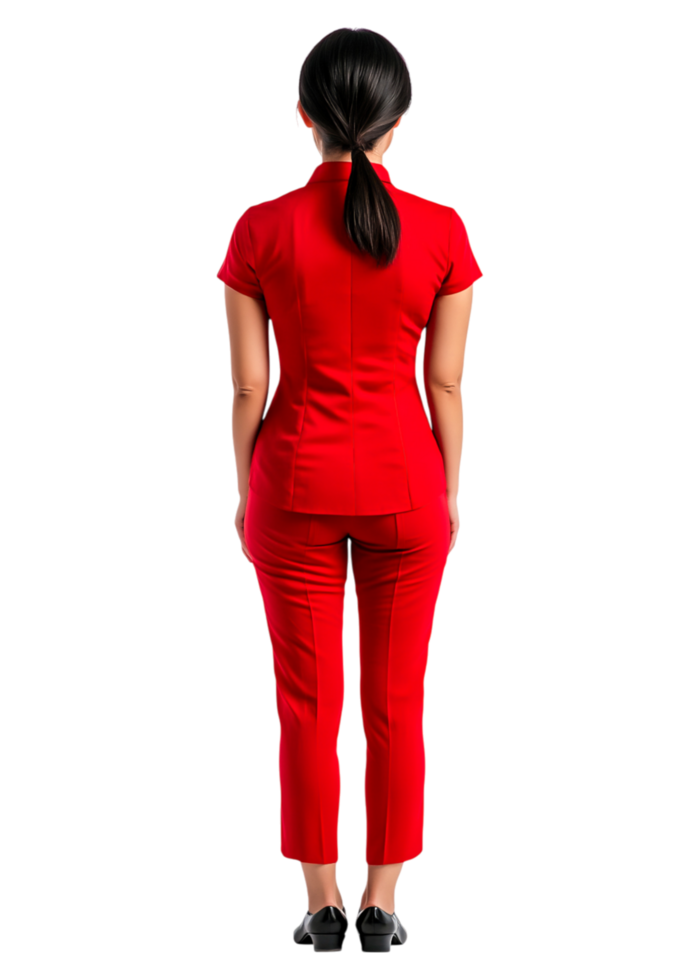 Elegant Woman in Red Attire Posing from Back View Against png