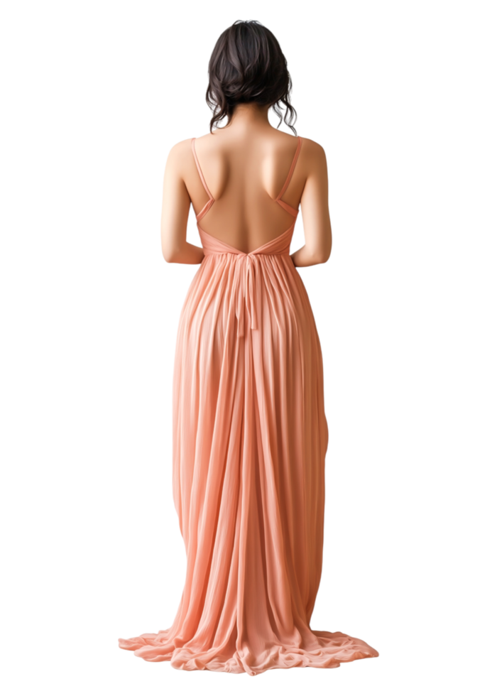 Elegant Woman in Flowing Peach Dress from Back View in Studio Setting png