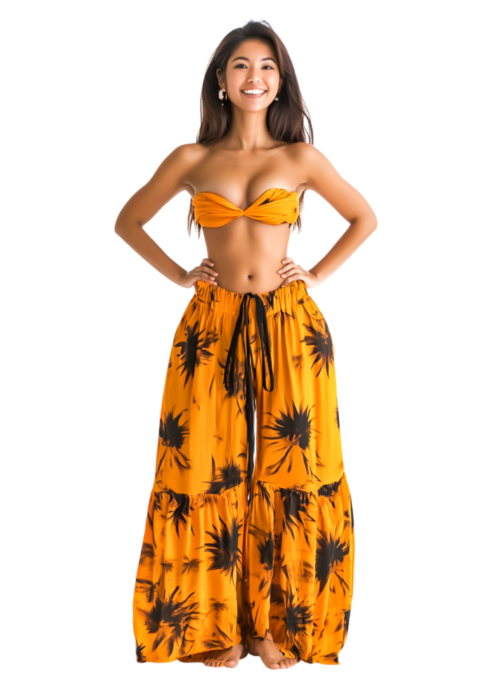 Young Woman in Tropical Outfit Smiling Against png