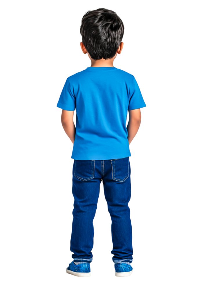 Young Boy in Plain Blue T-Shirt and Jeans from Back View png