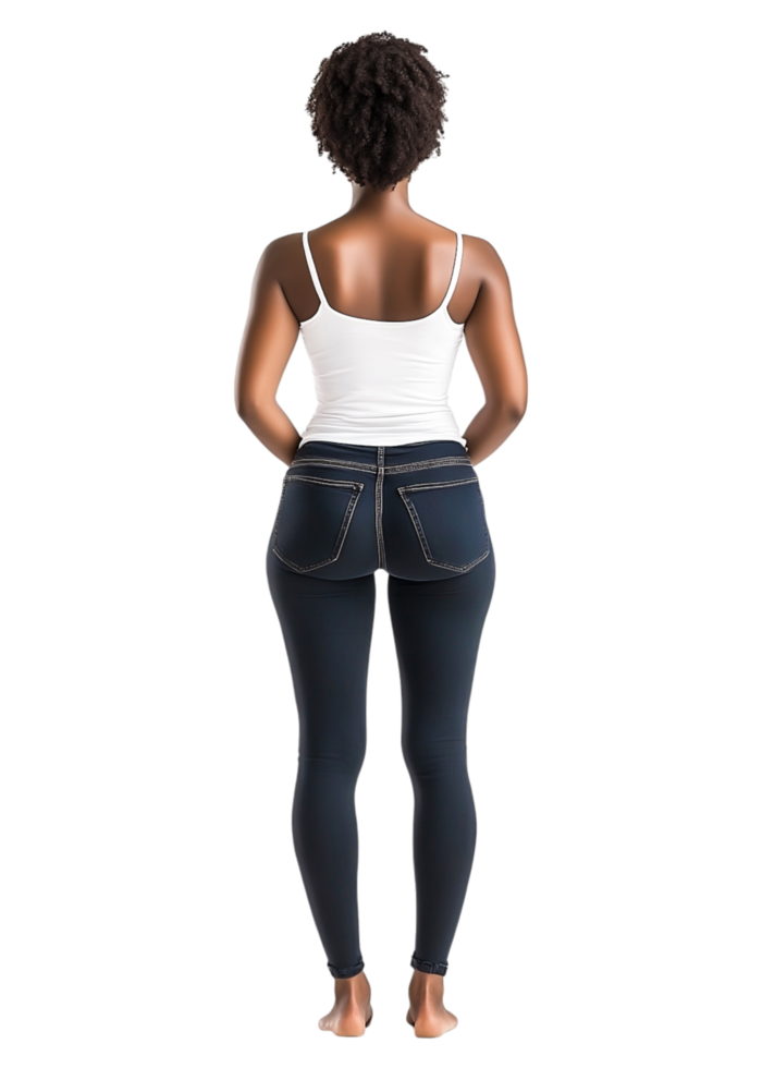 Woman in Stylish Dark Jeans and Simple White Tank Top from Behind png