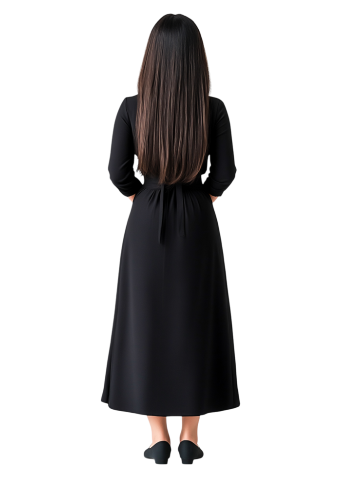 Woman in Long Black Dress with Straight Dark Hair from Behind png