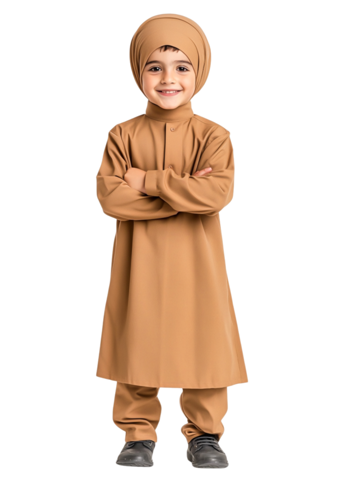 Young Child in Traditional Tan Garment with Arms Crossed and Smiling png