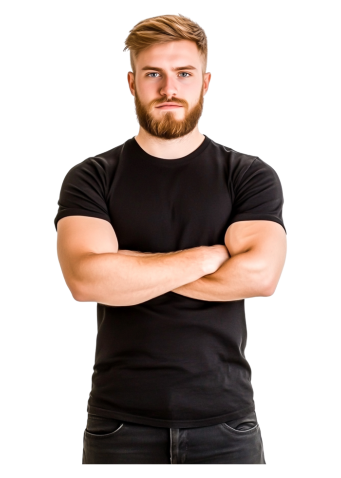 Confident young man with arms crossed and serious expression png