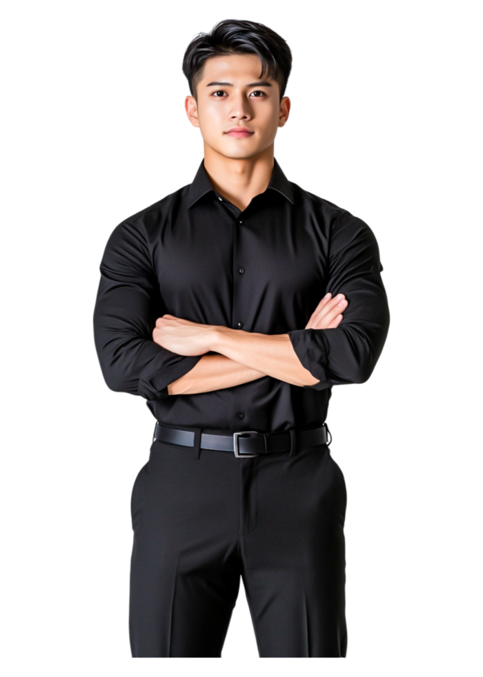 Confident Young Man in Black Shirt Standing with Arms Crossed png