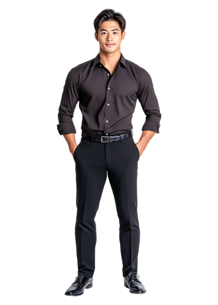 Confident businessman in black attire standing with hands on hips png