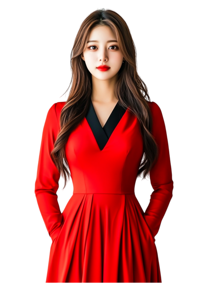 Elegant Woman in Red Dress with Long Hair and Confident Stance png
