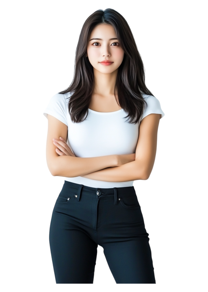 Confident Young Woman Standing with Arms Crossed in Casual Attire png
