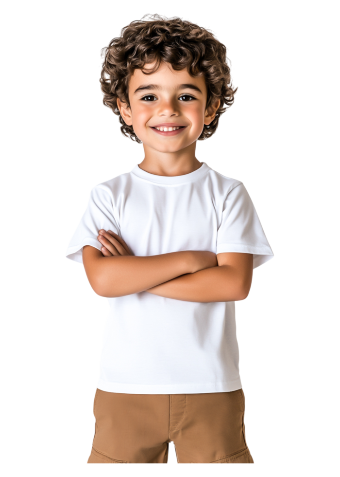 Happy smiling boy with curly hair in plain white t-shirt png