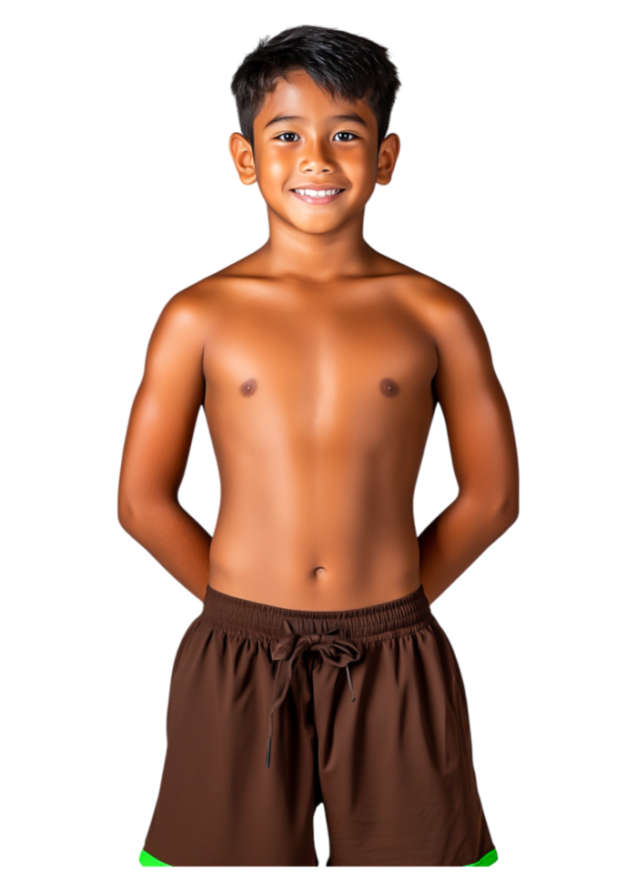 Young Boy Smiling with Confidence in Swim Shorts on Isolated Background png