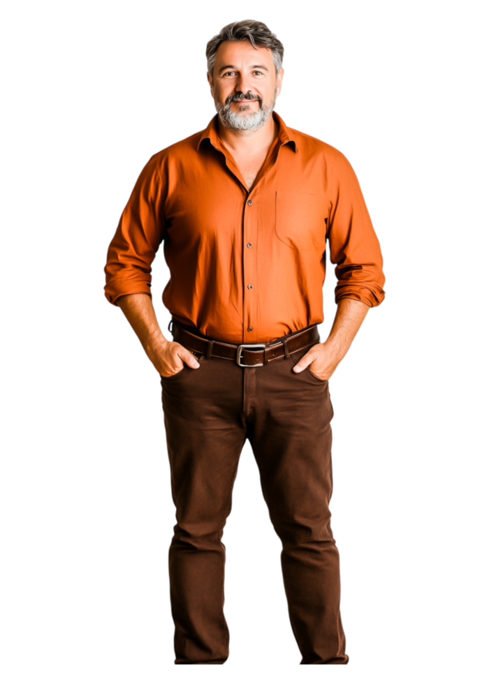 Confident man in orange shirt with hands in pockets standing upright png