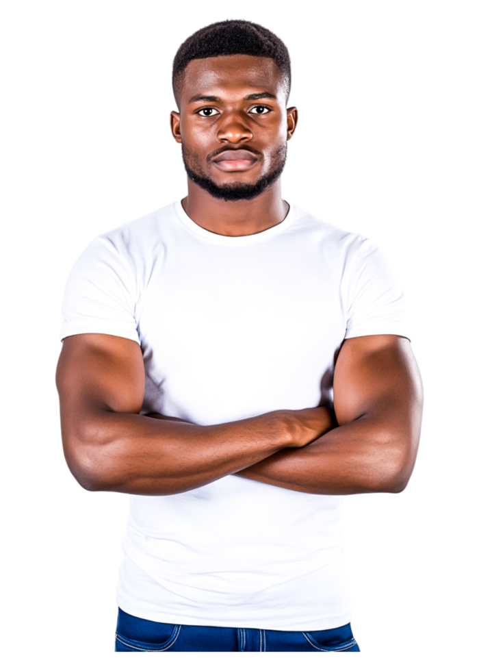 Confident Young Man Posing with Crossed Arms and White T-Shirt png
