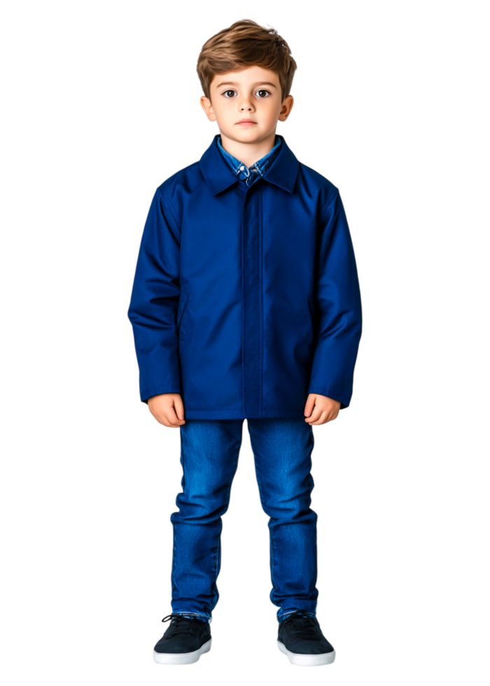 Young Boy in Stylish Blue Jacket and Jeans on png