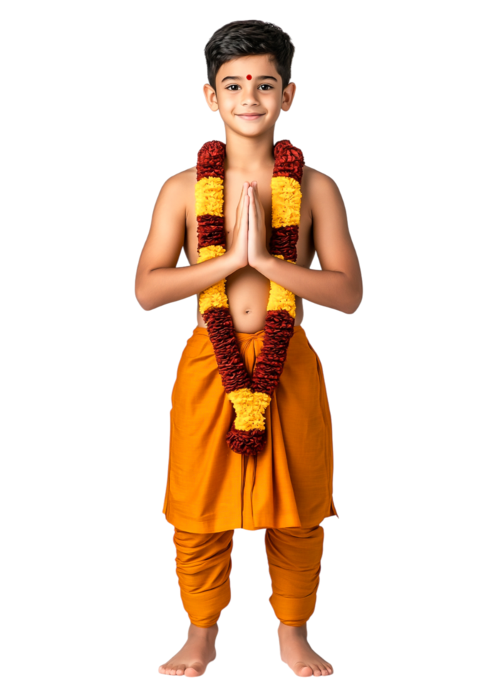 Young Boy in Traditional Indian Attire with Floral Garland Pose png