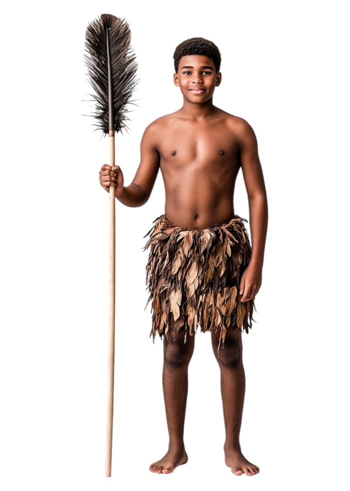 Young Boy in Traditional Attire Holding Spear Against png