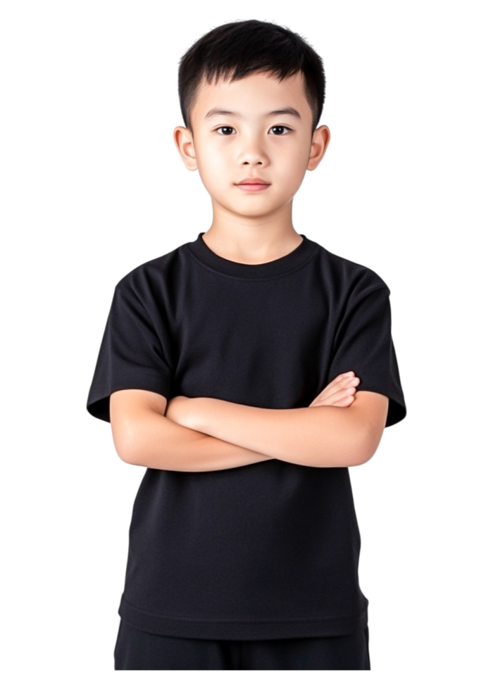Confident Asian Boy with Arms Crossed in Black T-Shirt Portrait png