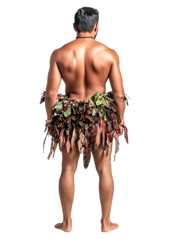 Indigenous Man in Leaf Skirt Standing Against a Neutral Background png
