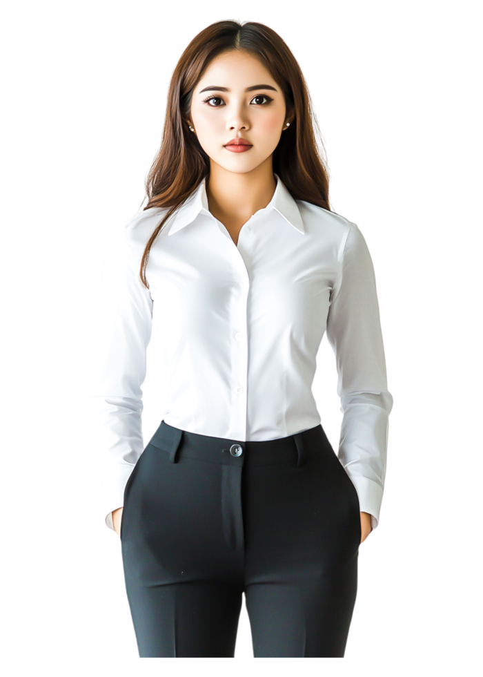 Confident Woman in White Shirt and Black Pants Posing for Portrait png