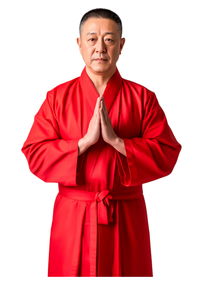 Calm Man in Red Robe Practicing Meditation with Hands Together png
