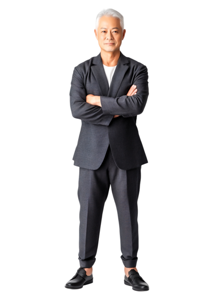 Confident Elderly Man in Stylish Suit with Crossed Arms Pose png