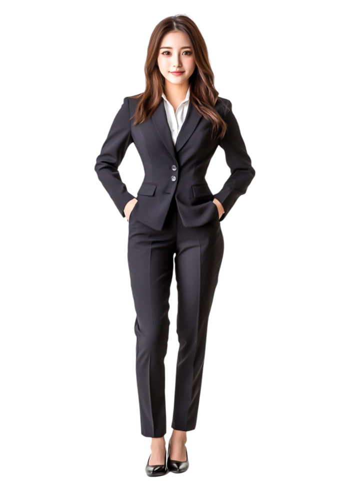 Elegant Businesswoman in Stylish Black Suit with Confident Stance png