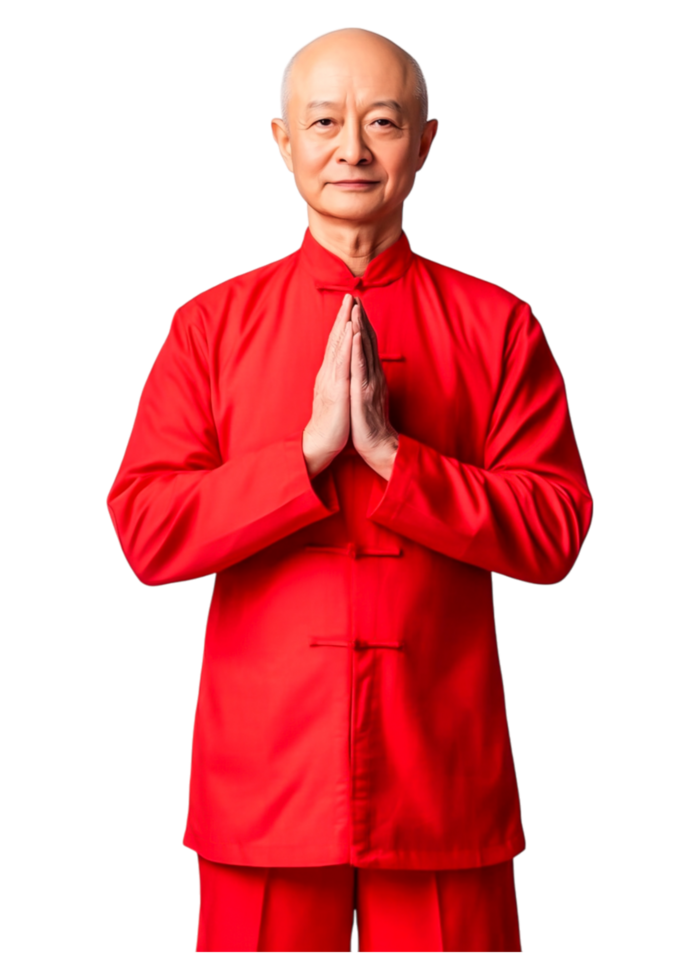 Elderly Man in Red Traditional Attire with Hands Together for Blessing png