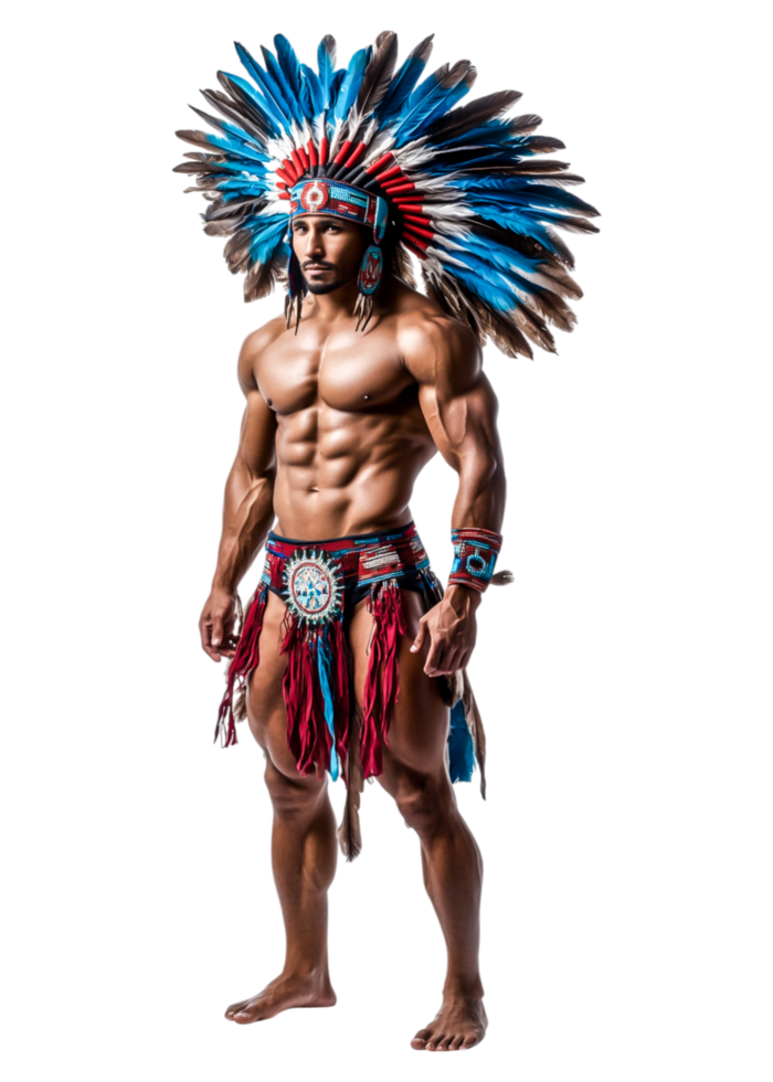 Muscular Indigenous Man in Colorful Feather Headdress and Attire png