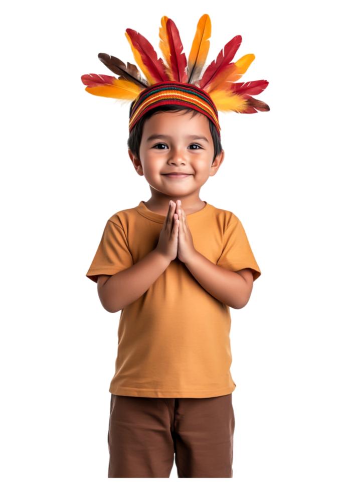 Happy Child in Feather Headdress with Hands Together Smiling png
