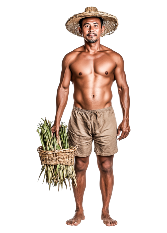 Handsome Man in Straw Hat Holding Basket of Fresh Green Vegetables png