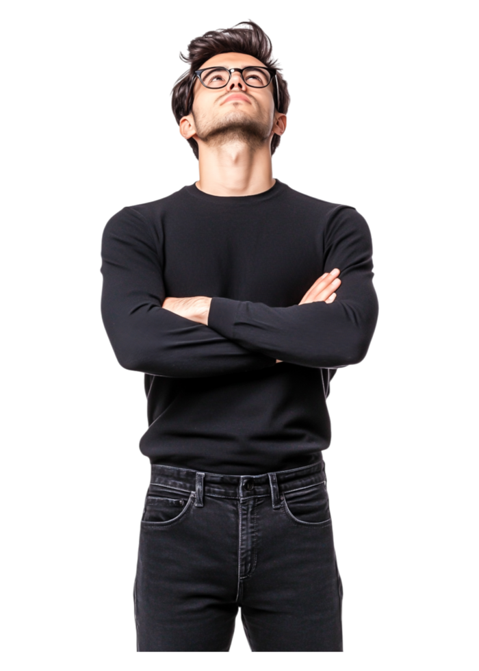 Confident young man with arms crossed in black casual outfit png