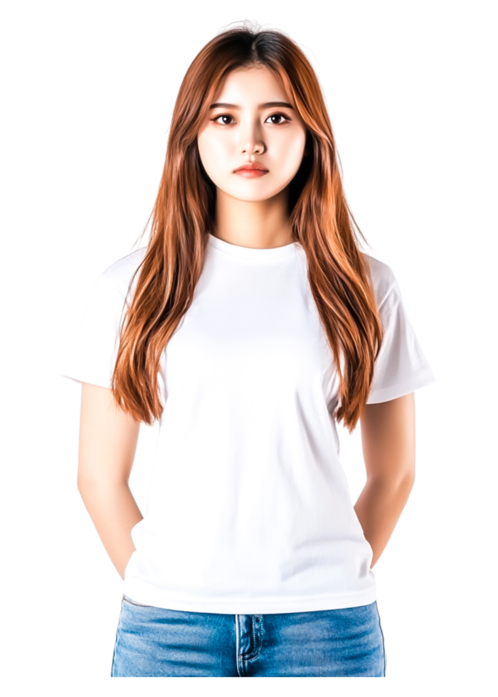 Woman in Plain White T-Shirt with Long Hair and Confident Expression png