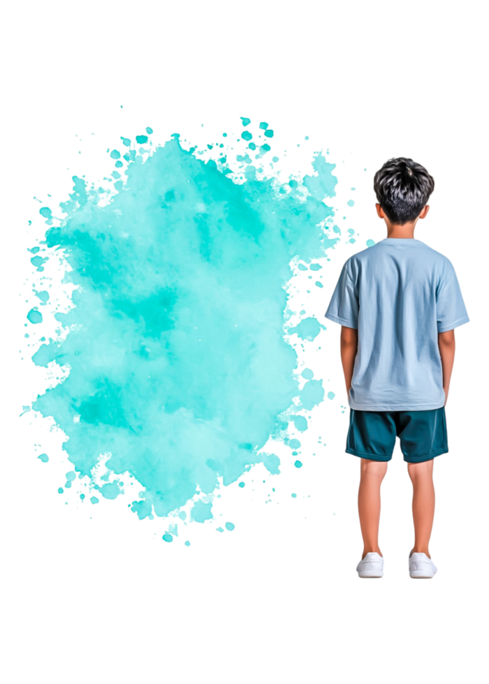 Boy Standing Against a Vibrant Aqua Smoke Background png