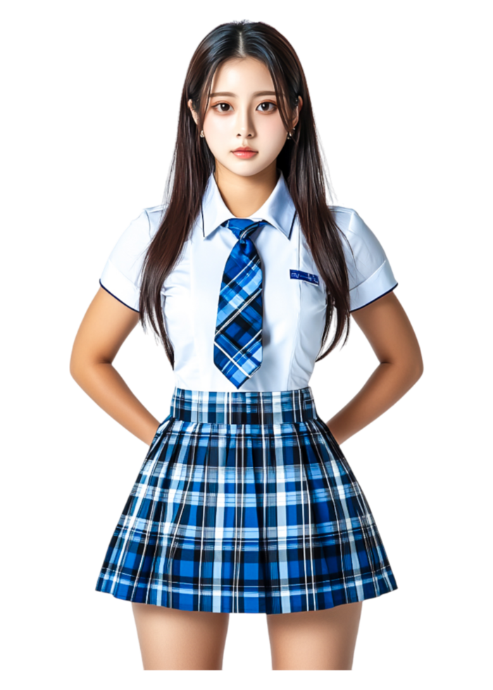 Young Woman in School Uniform with Plaid Skirt and Necktie Pose png