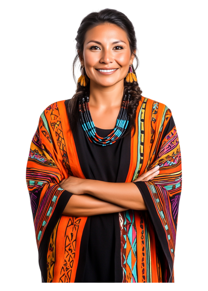 Confident Woman Wearing Colorful Traditional Native American Attire png