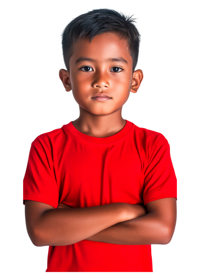 Confident Young Boy in Red Shirt with Arms Crossed Expression png