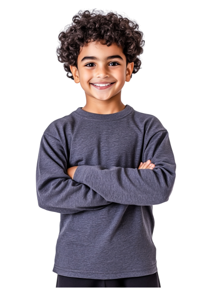 Cheerful boy with curly hair smiling in gray long-sleeve shirt png