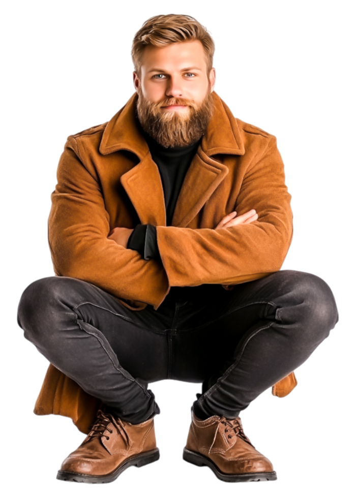 Stylish Man in Brown Coat Squatting Posing for Fashion Photography png