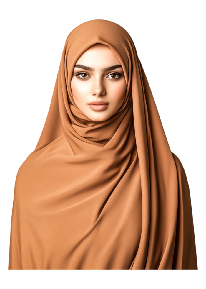 Elegant woman wearing brown hijab with natural makeup and soft gaze png