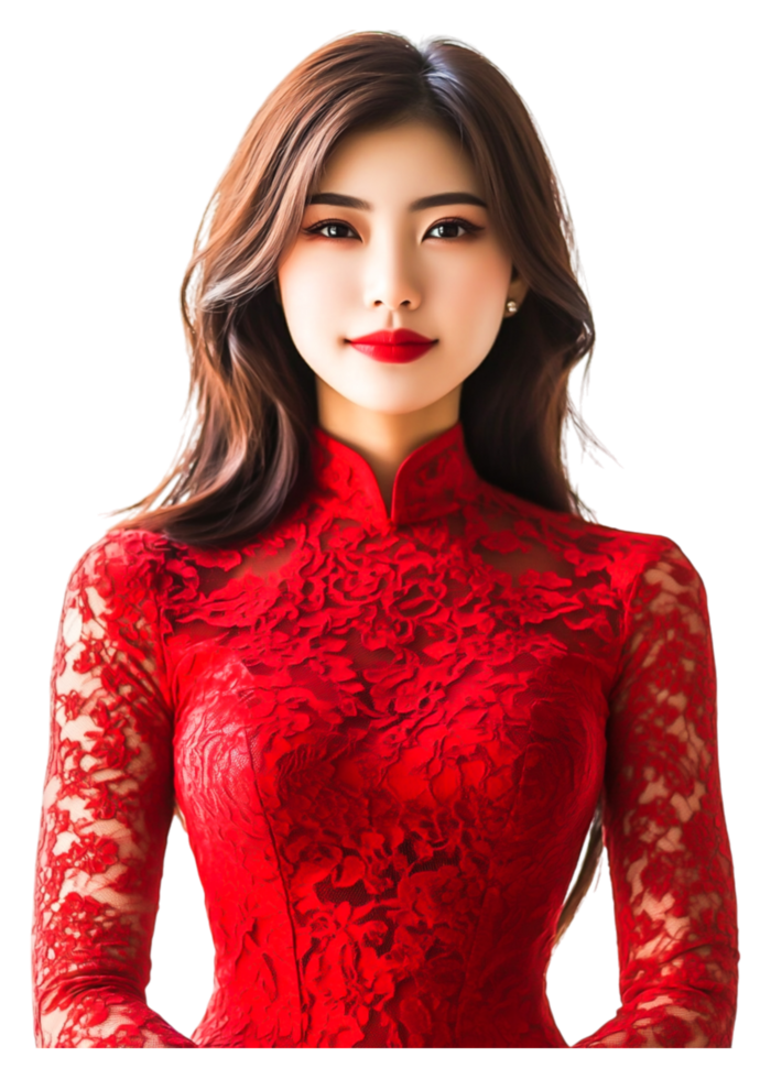 Elegant Portrait of Woman in Traditional Chinese Dress with Red Lace png