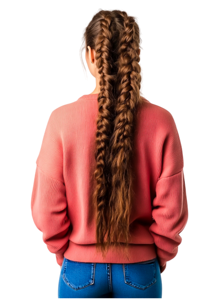 Young Woman with Long Braided Hair in Stylish Sweater from Behind png