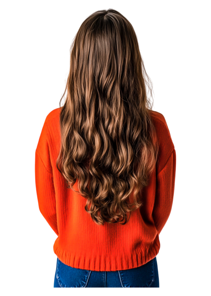 Young Woman with Long Wavy Hair Facing Back in Bright Orange Sweater png