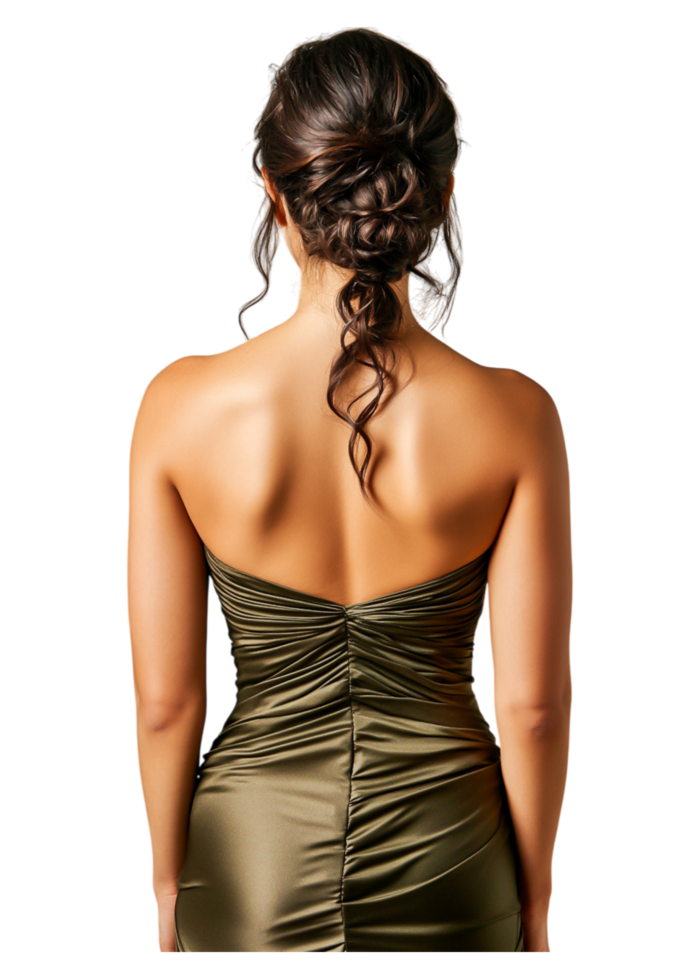 Elegant Woman in Olive Green Dress Showing Back View in Studio png