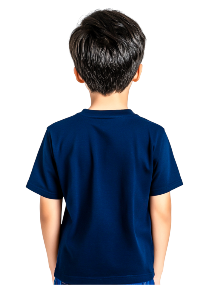 Back View of Young Boy Wearing Plain Dark Blue T-Shirt png